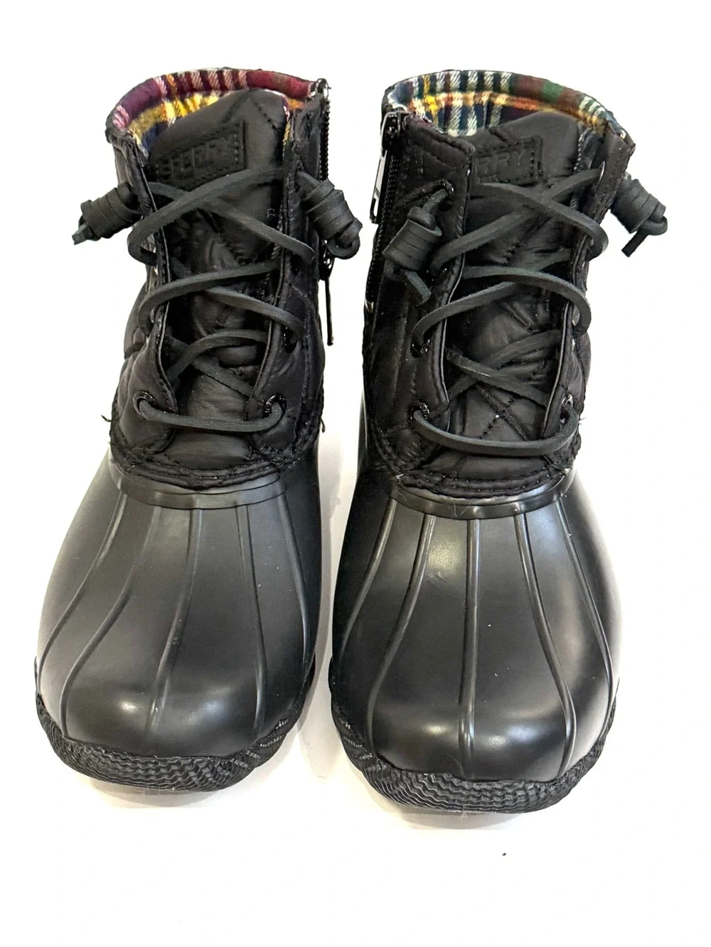 Sperry Women’s 5.5 Black Quilted Duck Boots Plaid Lined NEW Without Box